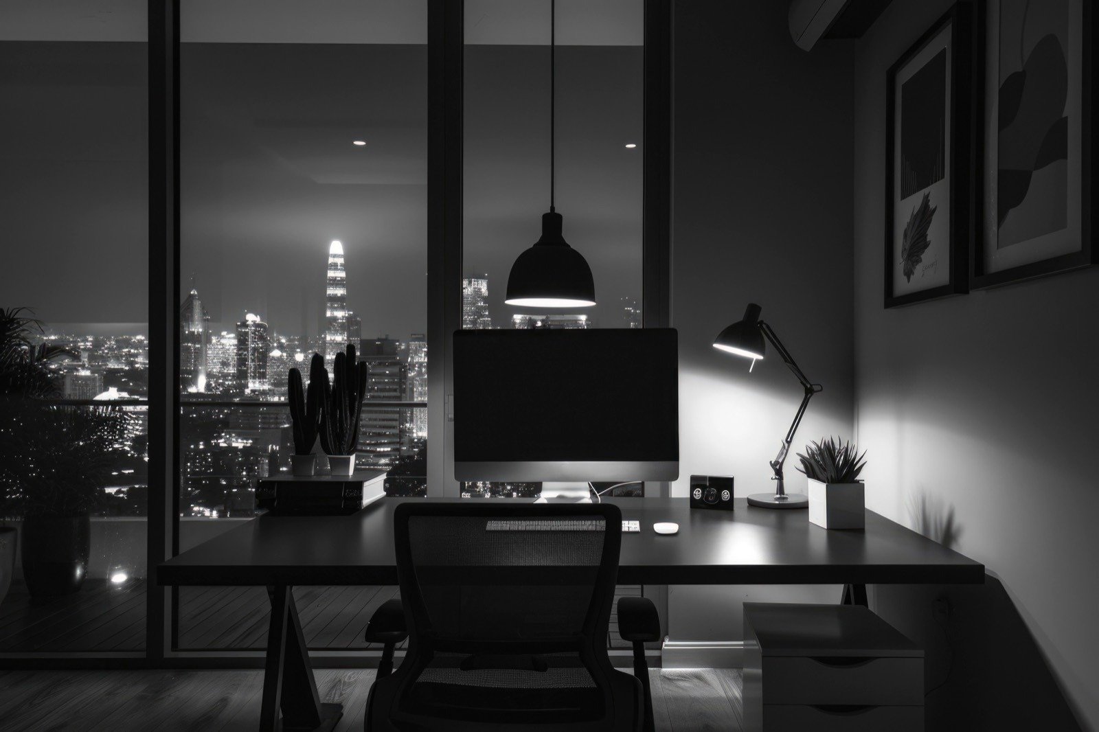 A desk at night, looking out over a lit city